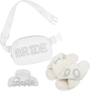 3 count Bride Gifts Set - Bachelorette Gifts for Bride  Fanny Pack, Hair Claw Clip & "I DO" Slippers, Bachelorette Party Decorations Accessories & Favors for Bride to Be, Bridal Shower Gifts