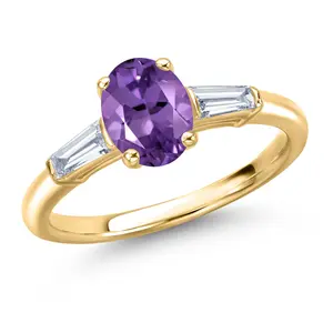 Gem Stone King 10K Yellow Gold Gemstone Birthstone and Lab Grown Diamond Engagement Ring for Women | Oval 8X6MM and Tapered Baguette 5X2.25MM | Wedding Anniversary Promise Ring | Sizes 5, 6, 7, 8, 9