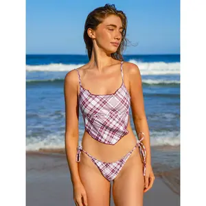 Red Plaid Triangle Backless Tankini Set Vintage Geometric Print Tankini Matching High Waist Shorts Slim Figure Flattering Durable Material Women Outdoor Pool Party Leisure Bathing Costume