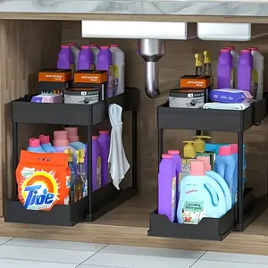 Sliding Sewer Organizer with Metal Frame - Heavy Duty Pull-Out Storage Basket, Space-Saving Cabinet Organizer, Bathroom Accessories Organizer