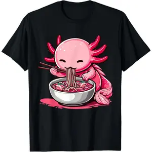 Anime Kawaii Axolotl Eating Ramen Noodles T-Shirt Unisex Kids Teen Girl Boy Made in USA Casual Summer Top