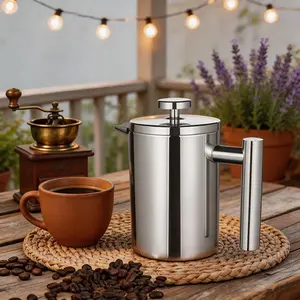 French press coffee pot made of 304 stainless steel, 16 oz capacity, double-layer insulation design, food-grade compliant, suitable for kitchen and travel camping scenarios.
