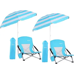 Beach Chair, Folding Chairs, Portable, Beach Chairs with Umbrella, Chairs with Shade for Adult (2-Pack Blue)