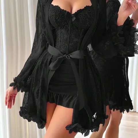 Women's 2-Piece Lingerie Set - Stretchy Deep V-Neck Lace Teddy Bodysuit, Soft Mesh Strapless Bodycon Nightdress for Maternity/Pregnancy Bridal Loungewear