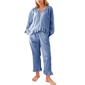 Womens Plaid 2 Piece Pajamas, Cotton Pyjamas Gingham Nightwear,  Ruffle Long Sleeve Shirt Elastic Waist Pant Loungewear, Homewear with Pockets Casual Pjs Womenswear