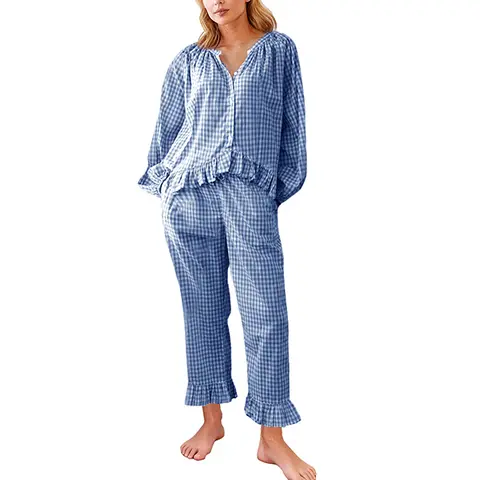 Women's 100% Cotton Checkered Print 2-Piece Pyjama Matching Set - V-Neck or Button Ruffle Long Sleeve Shirt, Elastic Waist Pocketed Pants, Breathable Nightwear, Machine-Safe Mix & Match Separates, Loungewear