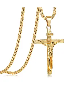 Cross Necklace for Men Women Stainless Steel Jesus Crucifix Cross Pendant Venetian Chain Cuban Link Chain 61 CM Silver/Gold/Black Religious Jewellery Gift