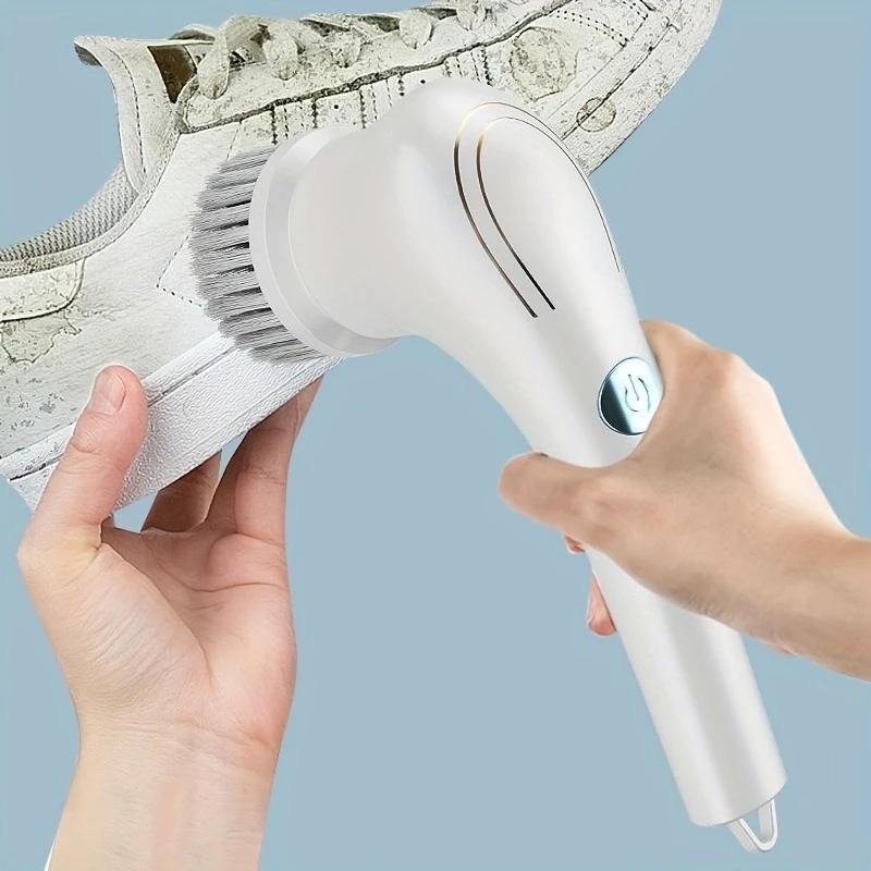 Cordless Handheld Electric Cleaning Brush - 1pc High-Speed Spin Scrubber, USB Charging, Multiple Heads (Gentle White Head, Black Steel Wool, Green Sponge), Washable, Waterproof, Stain Removal for Kitchen Pans/Pots (Home Care Supply)