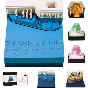 3D Calendar Memo Pad 2025,3D Titanic Weekly Calendar Notepad With Light&Pen Holder, 3D Memo Pad Desk Calendar DIY Decoration Gift