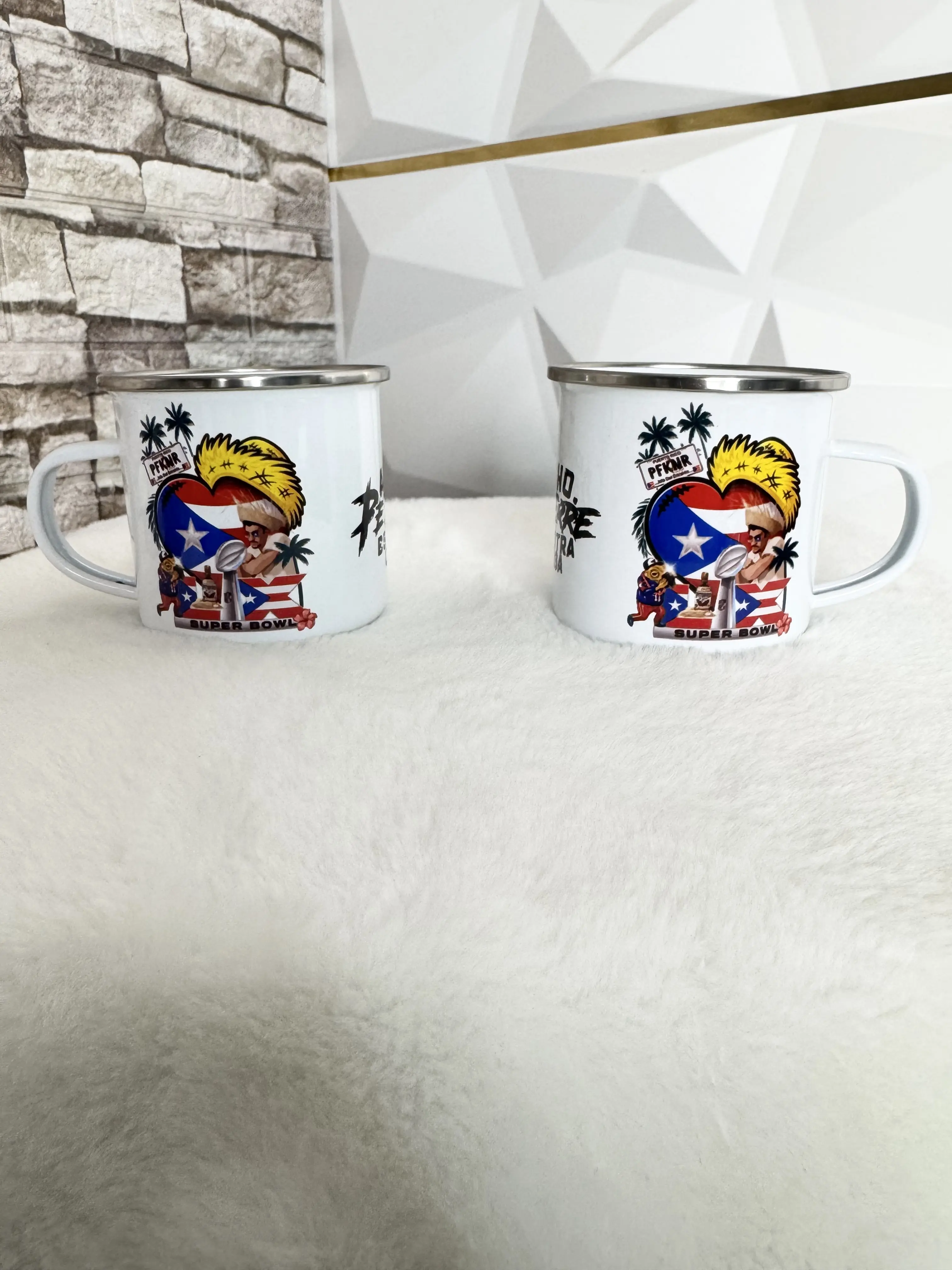 Caribbean Enamel Mug Set Puerto Rico Flag 2 Mugs 12 oz Enameled Coffee Cups for Home Beach Camping Perfect Gift
