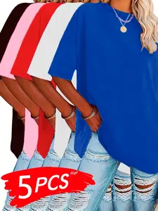 5-Pack Plus Size Women's Short Sleeve Basic T-Shirts, Summer Casual Round Neck Tops, Plain Knit Fabric, Breathable Comfortable Clothing, Womenswear