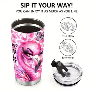 20-oz Pink Flamingo Insulated Stainless Steel Travel Tumbler with Lid, Double-Walled Vacuum Flask, PVC-Free, Hand Wash Only, Suitable for Hot/Cold Drinks, Home & Travel Use, Flasks