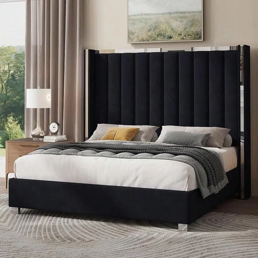 Velvet Upholstered Bed Frame With 58" Tall Channel Tufted Wingback Headboard And Plating Trim – Platform Design, No Box Spring Required