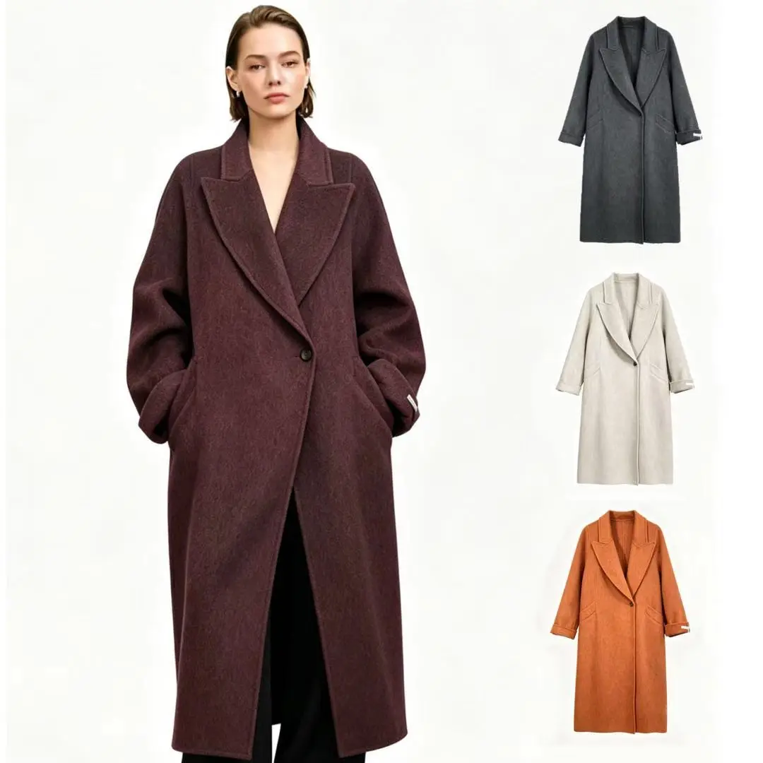 【CC8830】 Elegant Long Wrap Coat in 100% Merino Wool, Collared Long Sleeve Outerwear with an Adjustable Waist Belt, Jackets, Belt Tie, Solid Plain, Wrap Cut, Tops