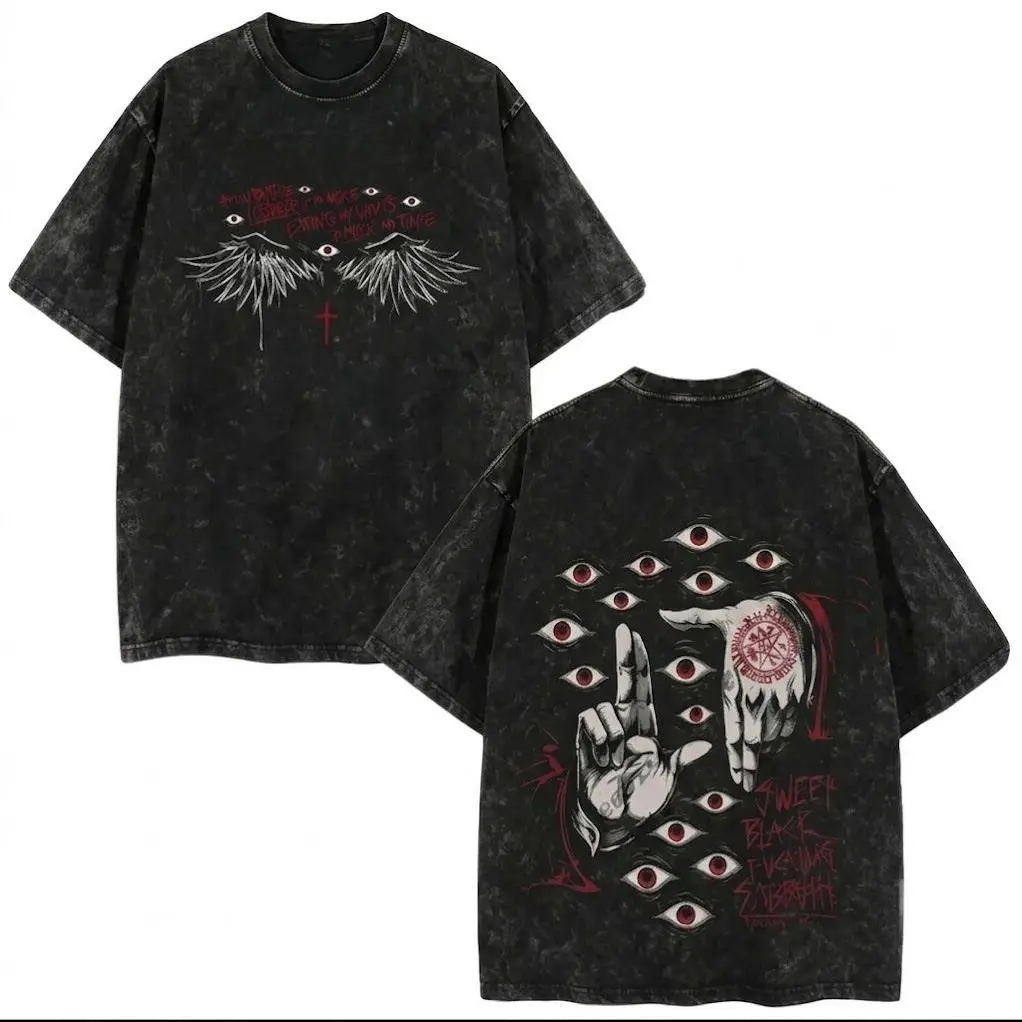 Limited Edition Men's Alucard Hellsing Hand Signs Anime Double-Printed Oversize Lightweight Acid-Washed Crewneck Short-Sleeve Distressed T-Shirt - Vintage Black All-Seeing Eyes Occult Tops, Festive Gift For Anime Lovers