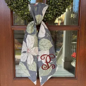 Chinoiserie Magnolia Wreath Sash, Embroidered Monogram, Floral, Front Door Decor, Gray