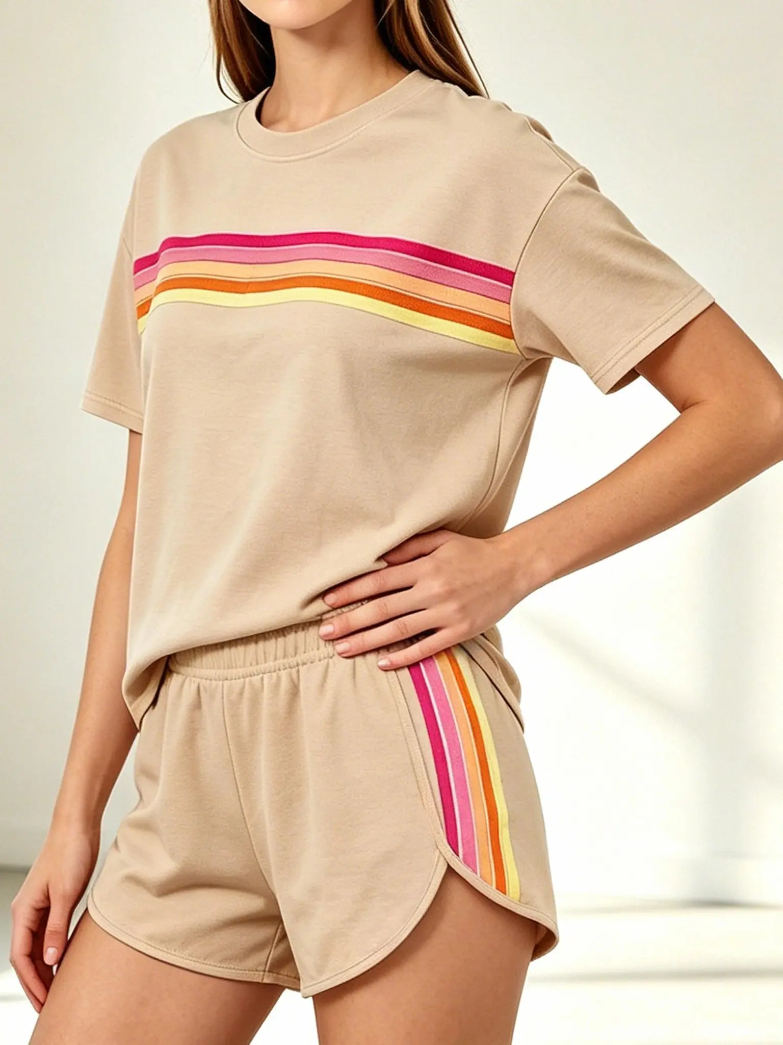 Women's 2-Piece Elastic Rainbow Striped Shortsleeve Top & Shorts Set with Pockets, Polyester Women's Clothes, Colorful Resort Short & Top Sets, Casual Beach Sporty Minimalist Accent Outfit Womenswear Bag