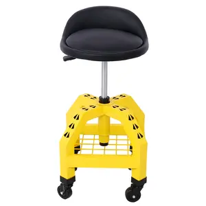 Donext Shop Stool, Pneumatic 360° Swivel Mechanic Stool with Casters, Heavy Duty Rolling Garage Stool, Yellow Workshop Stool with Wheels