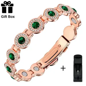 Copper Magnetic Bracelets for Women, 4X Ultra Strength Magnetic Bracelet with 3800 Gauss Neodymium Magnets & Dazzling Austrian Cut Crystals Stone, Adjustable Jewelry Gift