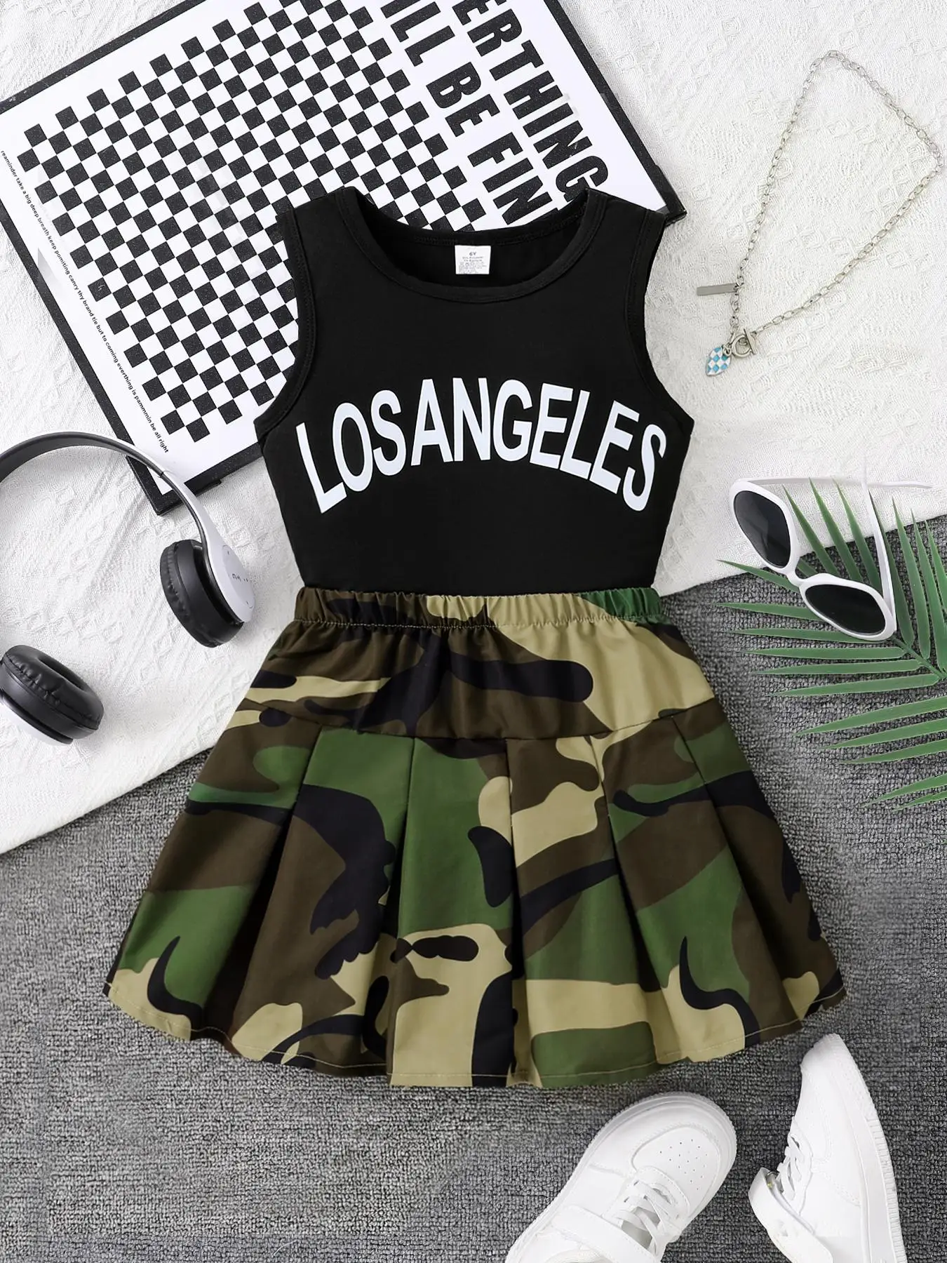Girl's Letter Print Tank Top & Camo Print Skirt Two-Piece Set, Casual Sleeveless Top & Skirt for Daily Wear, Kids Clothes for Summer, Clothing