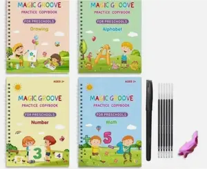 Magic Groove 4Pc Groove Books for Kids Ages 3+ Reusable Handwriting Workbook Set with Drawing Alphabet Number Math Copybooks for Early Learning