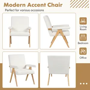 COSTWAY - Mid Century Modern Accent Chair with Rubber Wood Frame and Padded Armrests-White