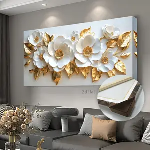 2D flat, modern white floral canvas art, elegant white and gold retro design, large mural decoration poster, suitable for living room or bedroom, canvas mural, perfect holiday gift