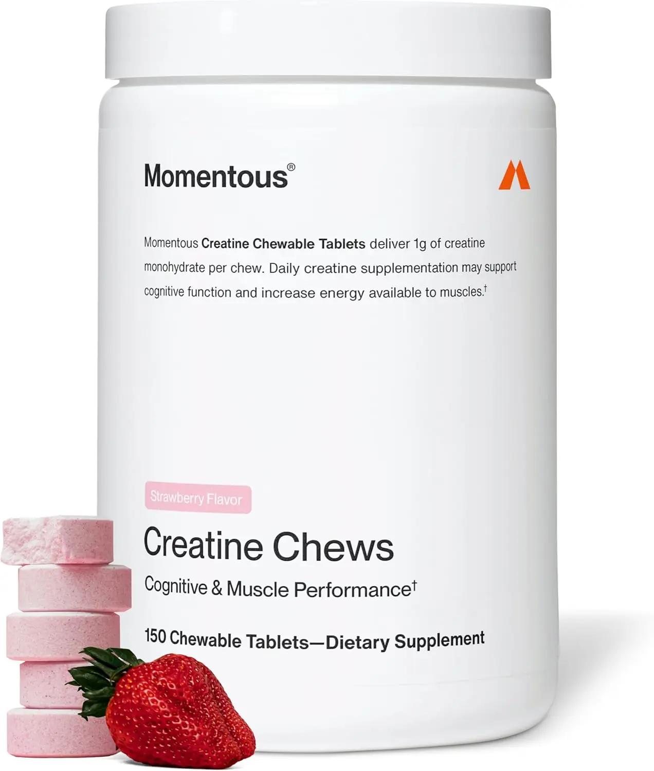 Momentous Creapure Creatine Monohydrate Chews - 1g per Chew, NSF Certified for Sport, 150 Tabs, Supports Muscle Growth, Brain Health, Dietary Fitness Supplement for Adults, Pure Vegan Strawberry Chewable Tablets