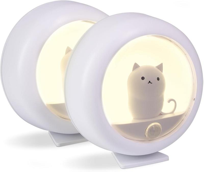 [New deal] - Cat Motion  Night Light, Cute Cat Magnetic LED Rechargeable Lamp with Dimmable, Portable Room Bedroom Bathroom Kitchen Wardrobe Stair Locker Wall Decor Lamp for Kid Teen(White x 2)