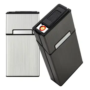 Aluminium Lighter, USB Rechargeable Lighter with CigaretteCase, Tungsten Igniter, Holds 20 pcs, Windproof, Pressure-Resistant, Flip-Top, for Camping Travelling, Household Gardget, Perfect Gift for Father, Husband, Thanksgiving Christamas Gift