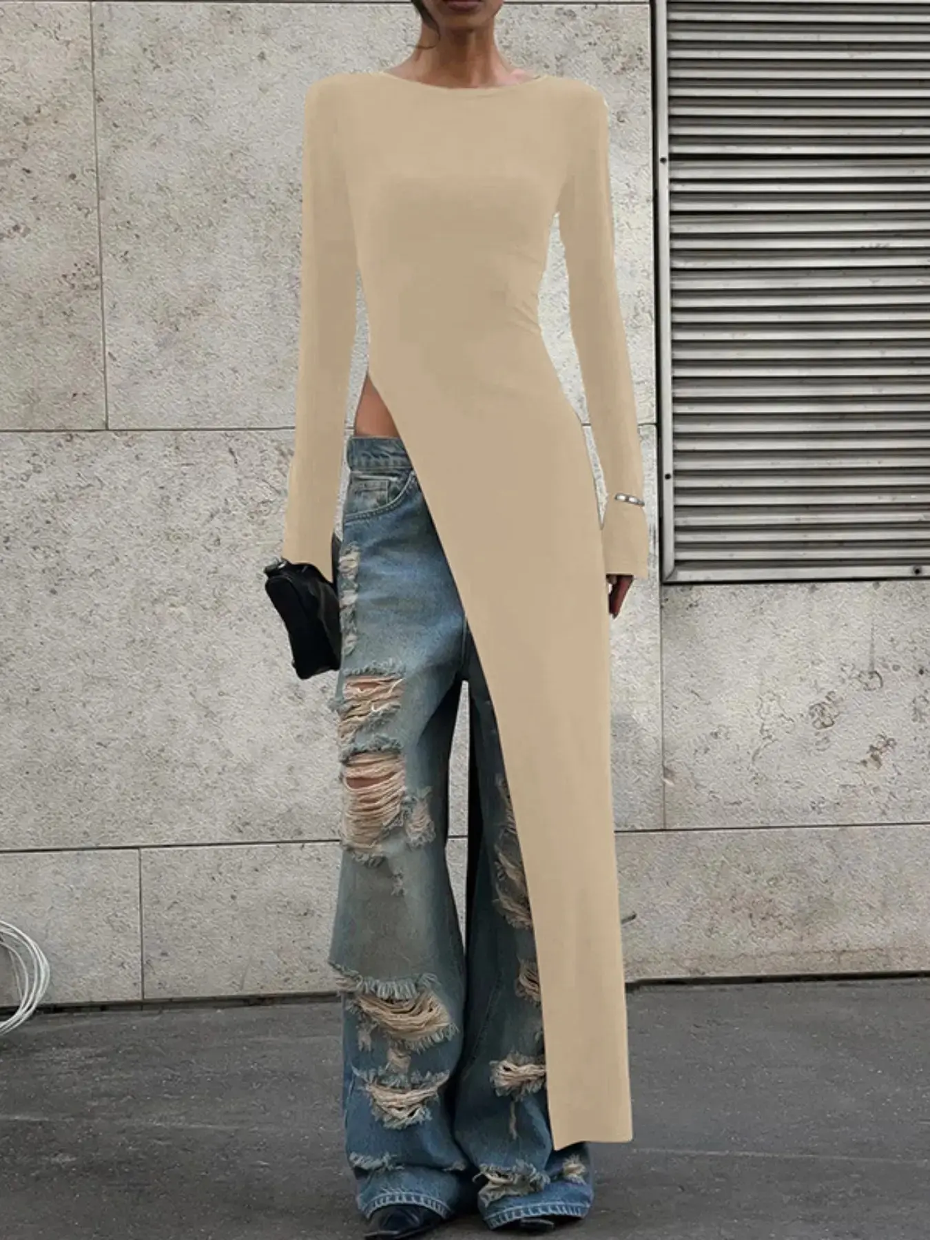 Women's Plain Basic Minimalist Asymmetrical Split Hem Longline Top, Elegant Casual Slim Fit Fitted Long Sleeve Top for Spring & Fall, Women's Clothing for Daily Wear, Womenswear