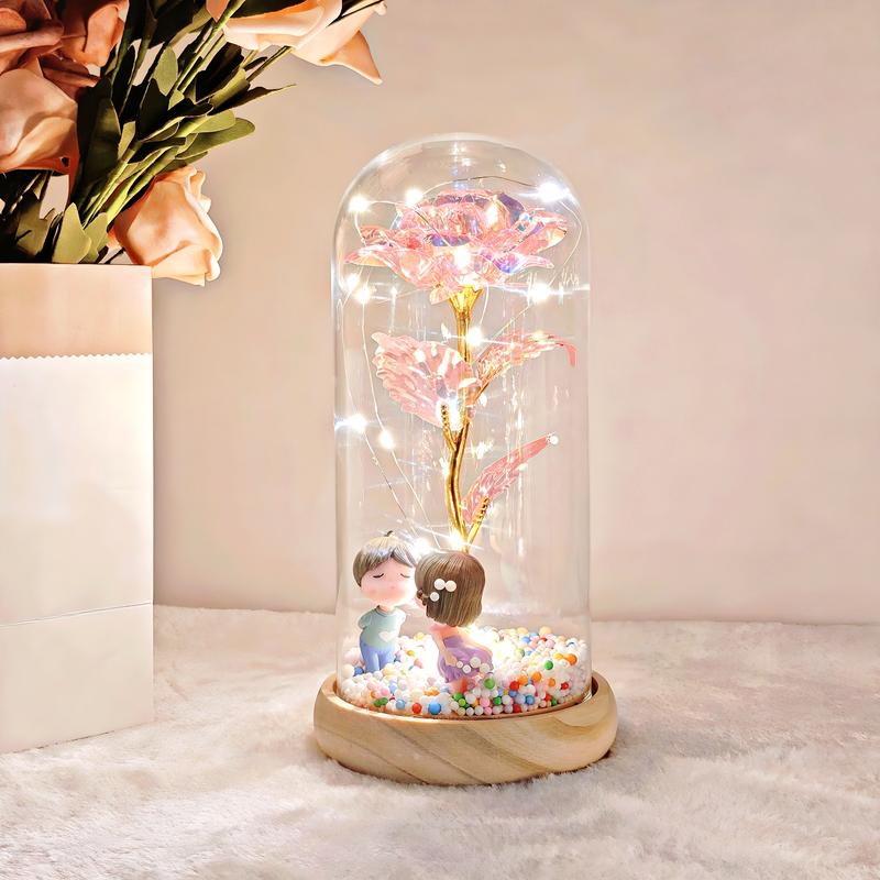 Artificial Roses withLED Lights in Clear Glass Storage Box Single Stem Home Party Decorations for Valentine's Day Christmas Festival