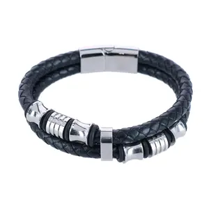 Trafalgar Loose Fit Silver and Leather 2 Band Secure Clasp Leather Bracelet, Bracelets