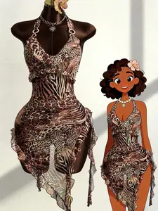 Sexy Leopard Print Halter Backless Dress, Asymmetrical Ruffle Bodycon Party Gown, Vacation Style Single Piece, Trendy Evening Wear, Womenswear