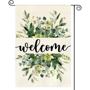 Spring Summer Floral Welcome Garden Flag 12x18 Inch Double Sided Outside, Eucalyptus Seasonal Farmhouse Yard Outdoor Flag, Linen Material, No Flagpole