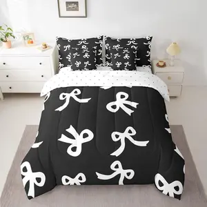 Bowknot Comforter Set with Sheets Bow Tie Butterfly Knot Princes Bed in a Bag Bow Tie Butterfly Knot Princes 7 Pieces Bedding Set Watercolor Bow Bed Set Black