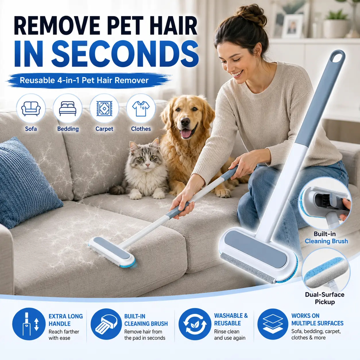 Upgraded Pet Hair Remover for Dog & Cat Hair, Reusable Lint Brush with Adjustable Long Handle, Portable Fur Remover Tool for Sofa Couch Furniture Carpet Bedding Clothes Car Seats, Washable Multi Surface Hair Removal Cleaner, 4 in 1 Design