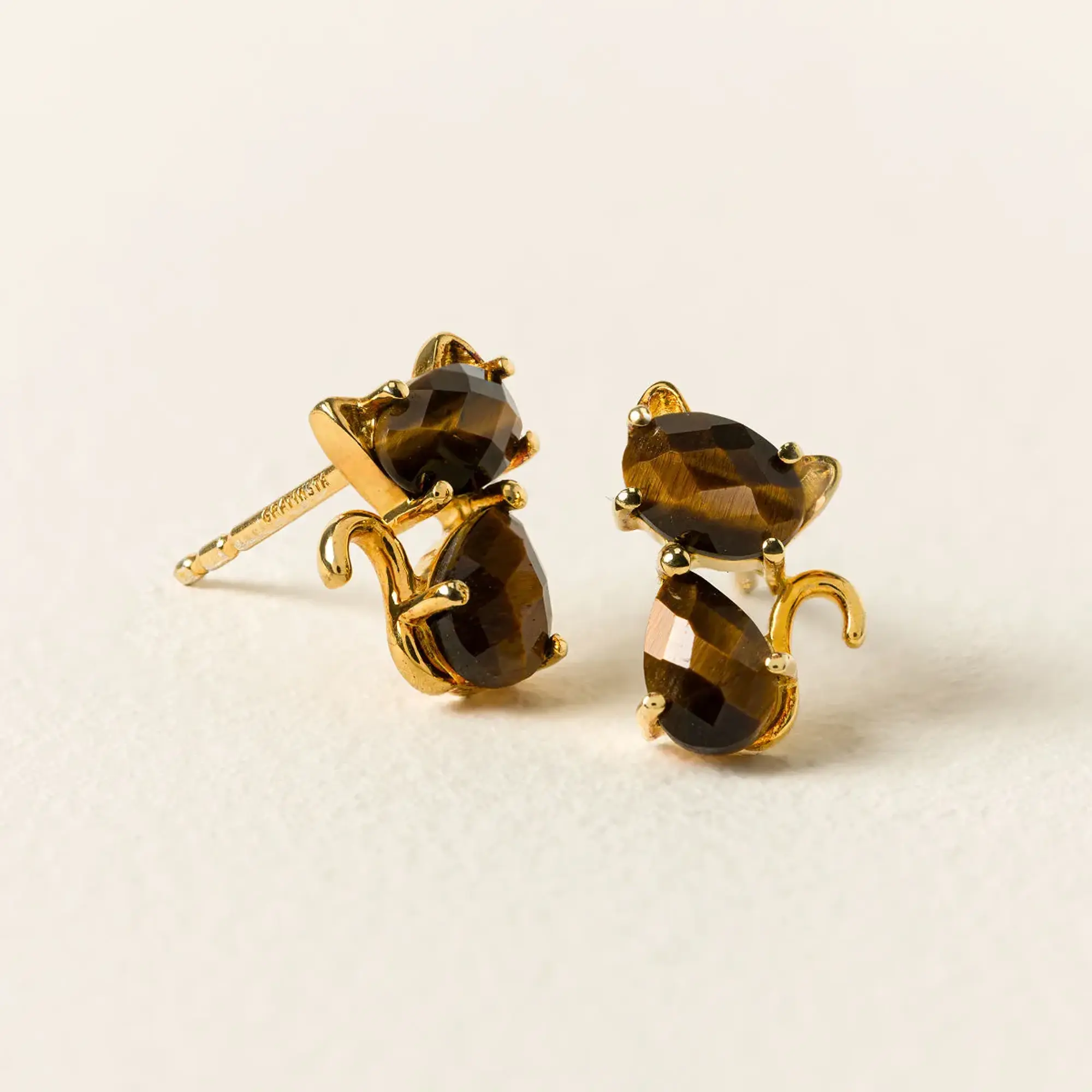 Gratinsta LLC Faceted Feline Cat Earrings with Tiger's Eye Stones, Fashion Costume Jewelry Accessories