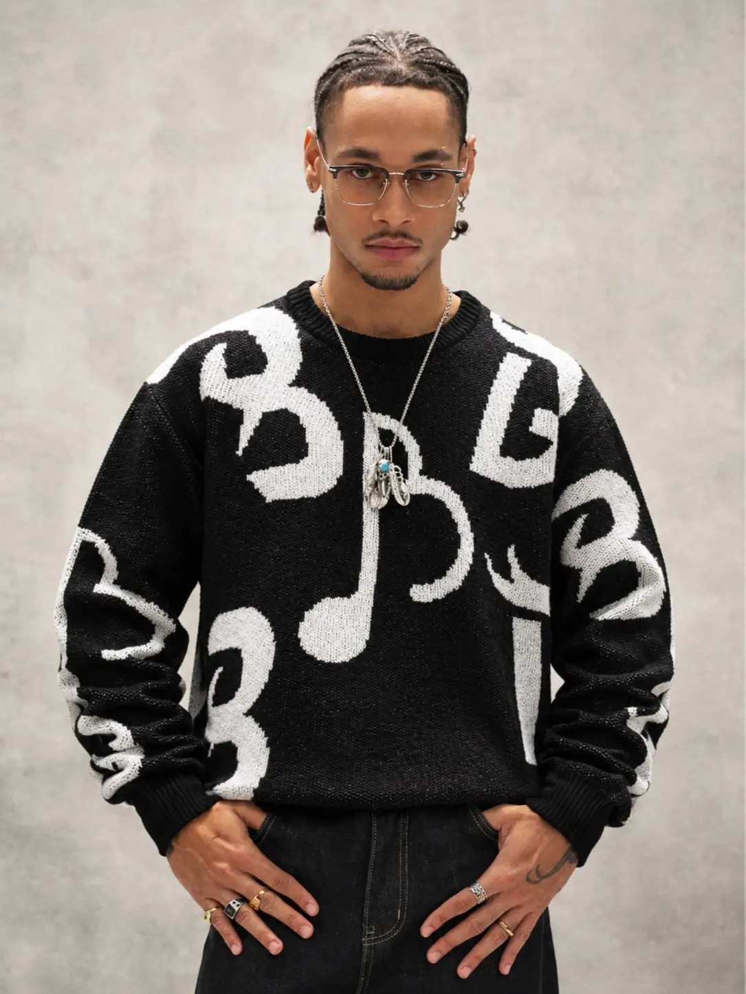 Men’s Graphic Knit Pullover Sweater, Casual Crew Neck Long Sleeve Top, Black White Streetwear Knitwear, Vintage Y2K Pattern Sweater, Cozy Fall Winter Fashion, Trendy Everyday Going Out Outfit, Comfortable Layering Top for Men, Casual Fashion Knit Top