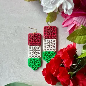 Mexican Papel Picado Earrings - Elegant Red, White and Green Design with Decorative Gold Accents