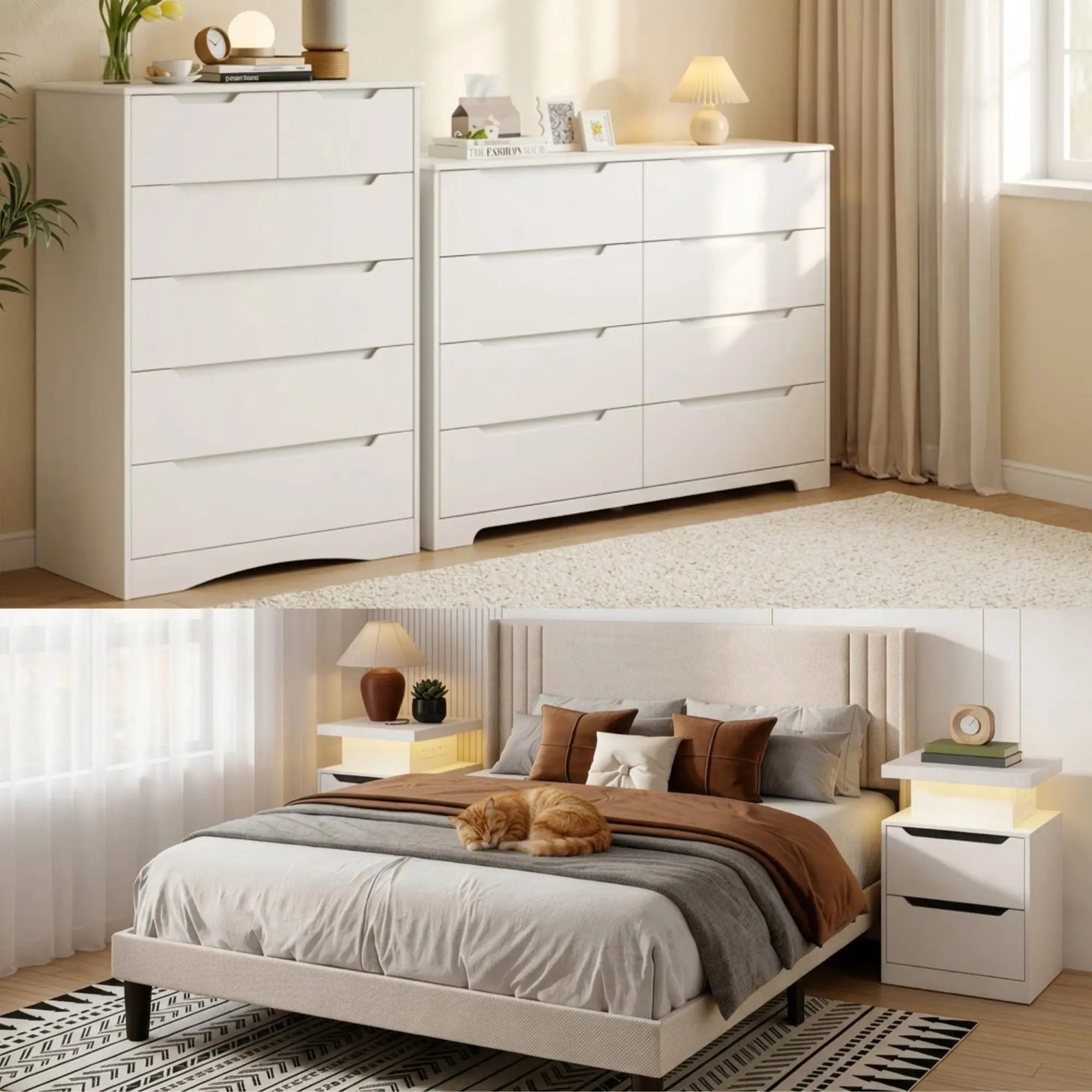 Gizoon Modern Wood Bedroom Dresser Set - Queen Size Bed Frame with Headboard, 2 Nightstands, 6-Tall Drawer Storage Unit, 8-Drawer Storage Dresser for Bedroom Decor