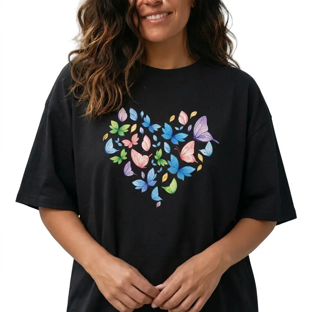 Butterfly Heart Graphic Tee Women Watercolor Spring Shirt Plus Size Everyday Top