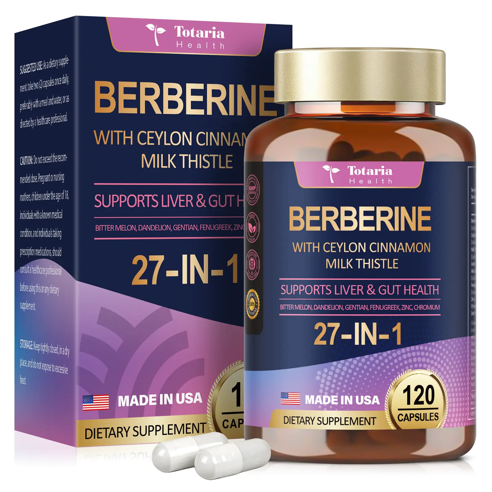 Totaria 27-in-1 Berberine Supplement with Ceylon Cinnamon, Milk Thistle for Immune, Better Figure, Liver & Gut Health, Vegan Supplements