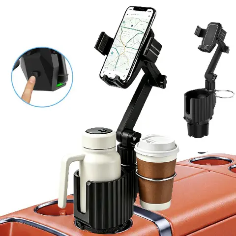 3-in-1 Car Cup Holder Phone Mount, Adjustable Phone Cup Holder For Car,Quick-Install With Expandable Base, Anti-Slip, Double Drink Holder Fits For Most 4-7 inch Smartphones& Most Bottles Under 4.3 inch Wide