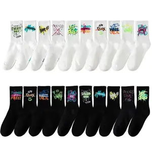 Unisex Black and White Graffiti Series Mid-Calf Socks Thin Breathable Cotton Casual Socks for Everyday Wear Compression Sleeves