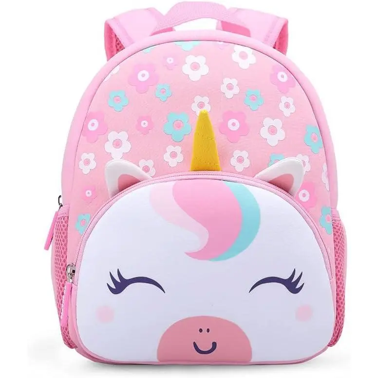 Toddler Girls' Cute Floral Rainbow Unicorn Graphic Backpack - Lightweight, Waterproof, Dustproof Neoprene-Polyester Bag, Zip, Top Handle, Built-in Organizer, 8.3*3.9*10.2in Expandable Preschool School Bus Bag, Hand Wash Only, Holiday/Birthday Gift Option
