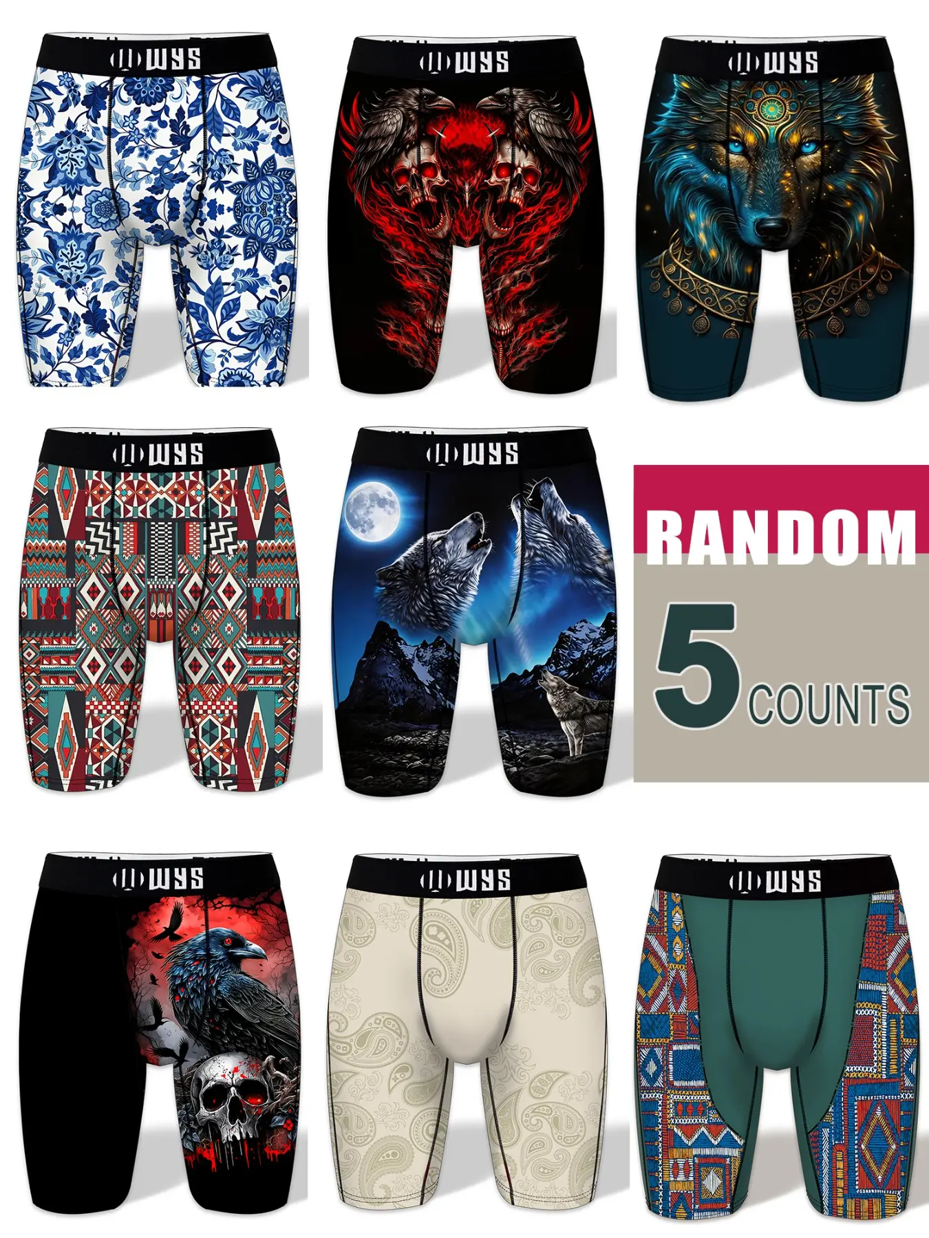 RANDOM-5PCS,Men's Long Brief Underwear Set, Moisture-Wicking, Anti-Chafing, Quick-Dry, Sporty, Halloween Prints, Printed Boxer Briefs, Comfortable, Stretchy Boxer Briefs Pack, All Seasons