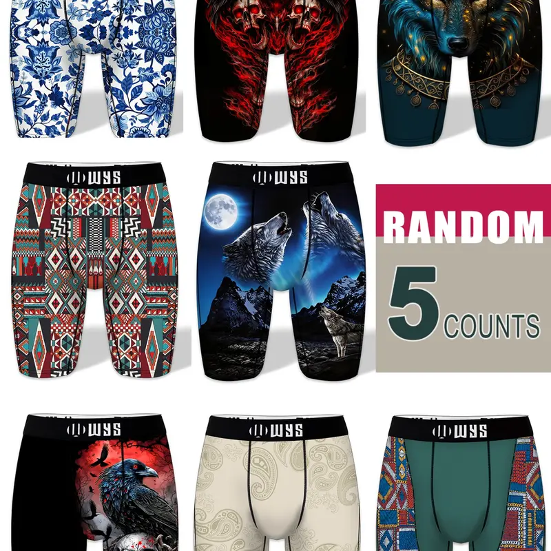 RANDOM-5PCS,Men's Long Brief Underwear Set, Moisture-Wicking, Anti-Chafing, Quick-Dry, Casual Style Underwear, Sporty, Halloween Prints, Comfortable, Stretchy Boxer Briefs Pack, All Seasons