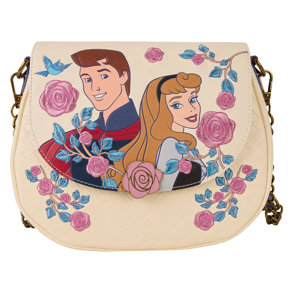 Floral Flap Crossbody Purse for Women, Sleeping Beauty Princess & Prince Woven Faux Leather Bag with Embroidered Roses