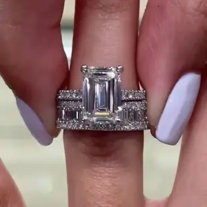 Effinny Jewelry 4.5ct Rectangle Cut 2PC Wedding Ring Set, S925 Sterling Silver Bridal Ring, 5A Grade Cubic Zirconia Women's Ring for Travel